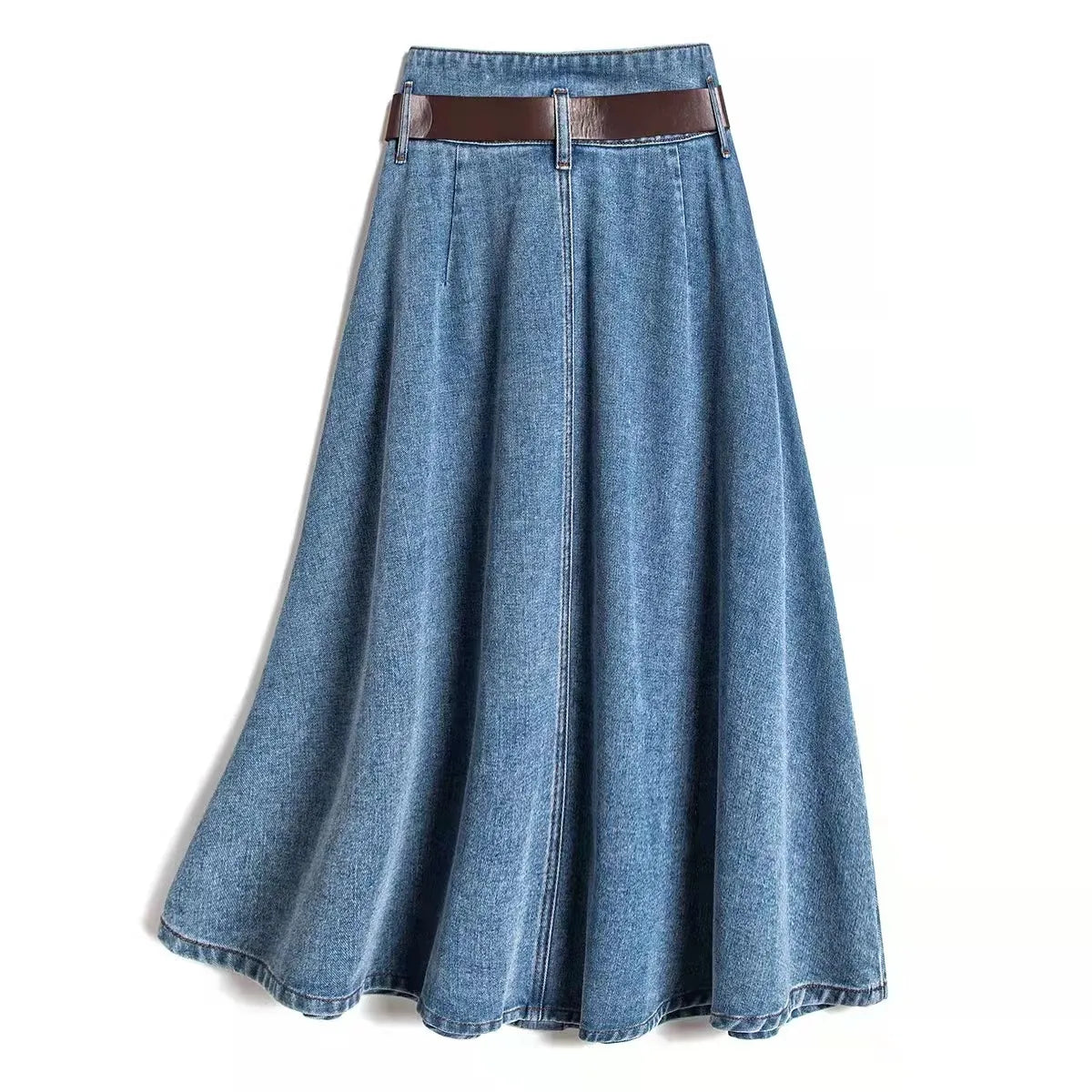 Style Women's Fashion Single-Breasted Belt Denim Skirt