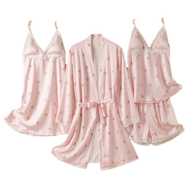 4PCS Pajamas Set Lady Print Bathrobe Sleep Suit Loungewear