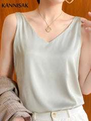 Summer Tank Tops Women Silk V-neck Ladies Camis Solid