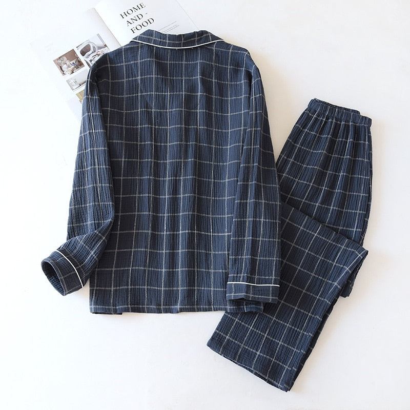 men's plaid home service suit cotton crepe cloth pajamas