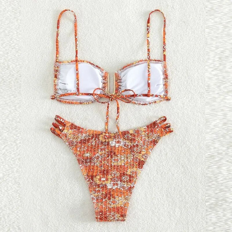 Floral Print Smocked Cut Out Bikinis Set