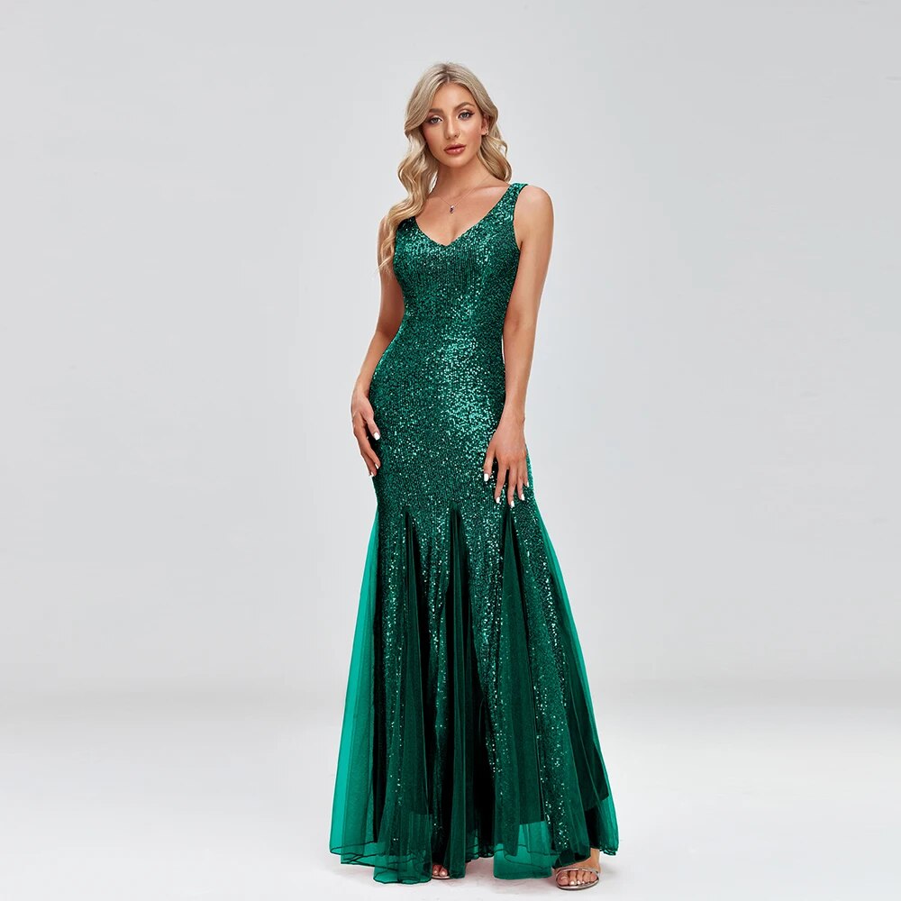 Double V-neck Cocktail Mermaid Sequin Evening Dress