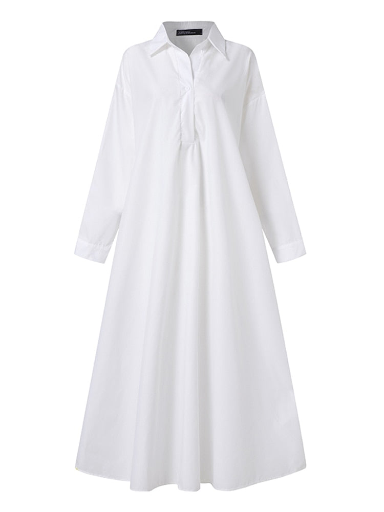 Solid Shirt Dress Long Sleeve Maxi Lapel Button Pockets