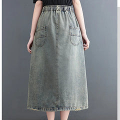 Denim Embroidery Floral Vintage High Waist Skirts