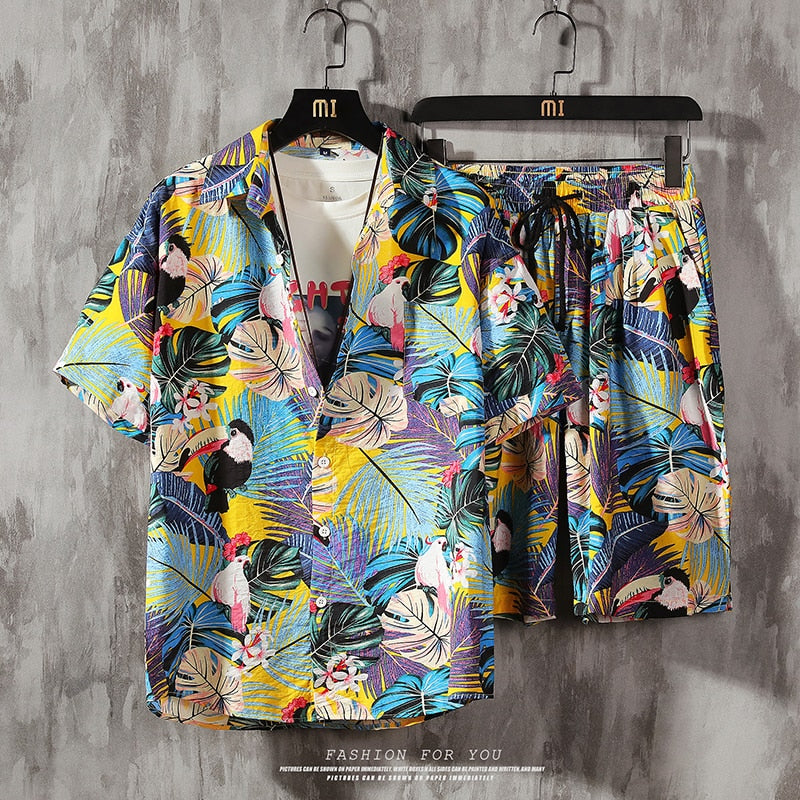 Men's 2 Pieces Set Hawaiian Shirts +Beach Shorts Mens Casual