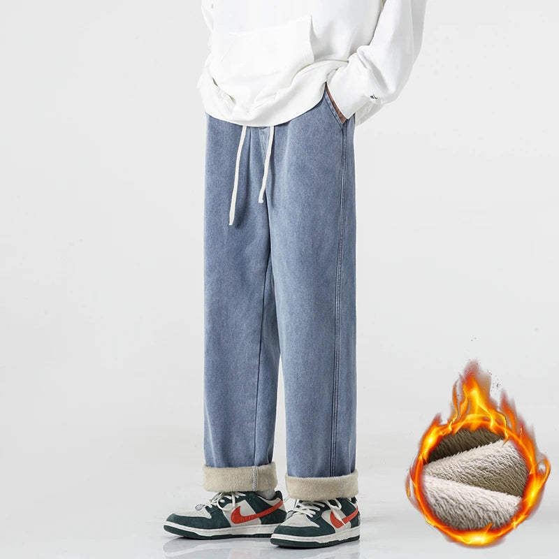 Men's Baggy Warm Fleece Jeans Fashion Drawstring Elastic Waist