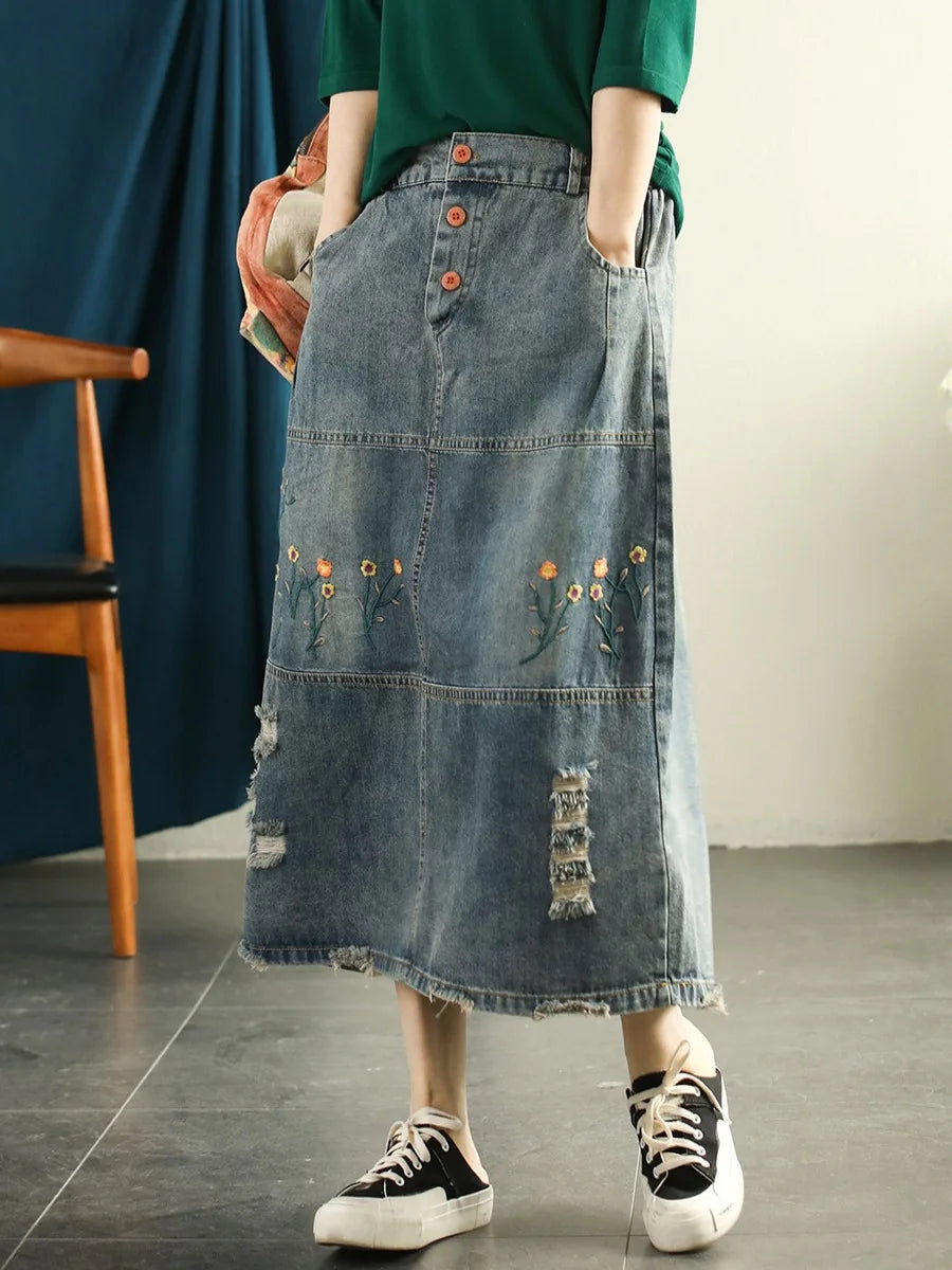 Denim Skirts Style Washed Hole Bleached Embroidery Floral