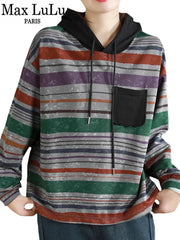 Casual Clothes Fashion Loose Striped Hooded