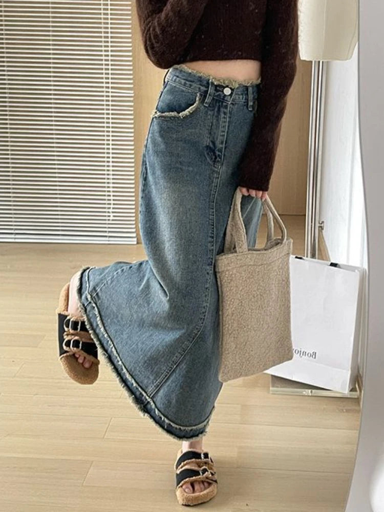 Denim Skirts Women Ripped Vintage Midi Chic