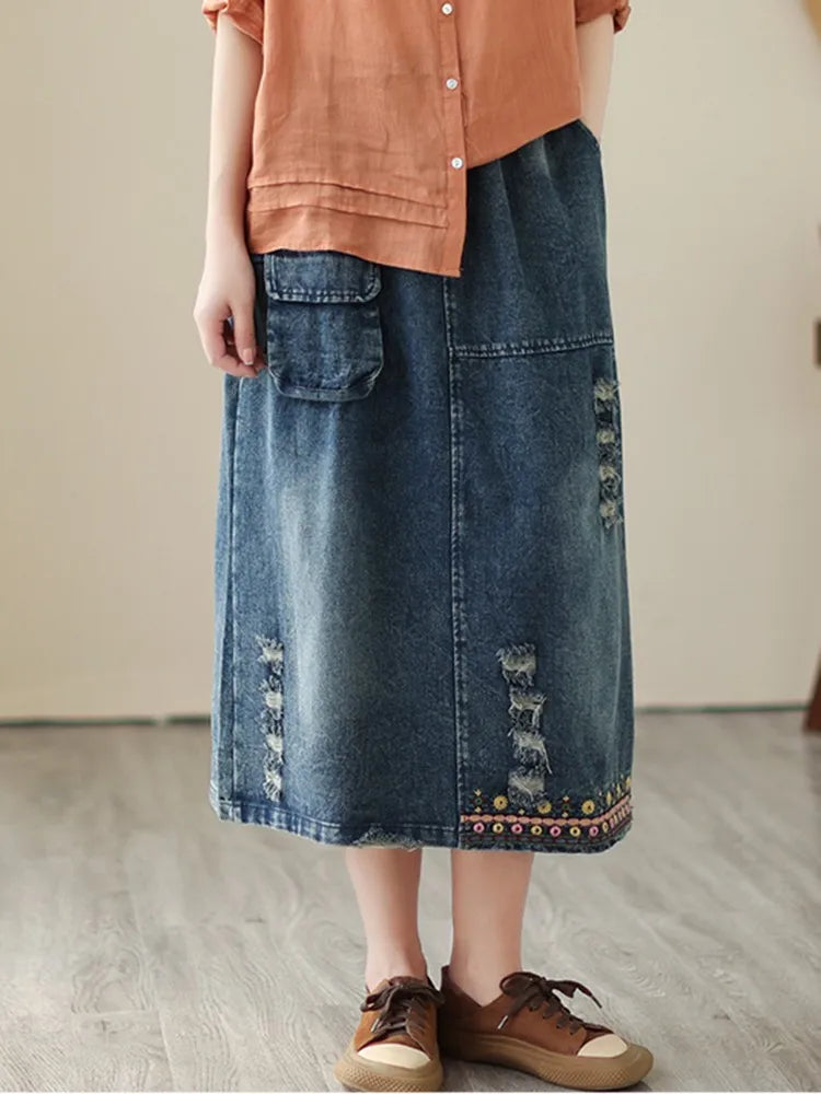 High Waist Denim Long Skirt Women Vintage Style Floral Embroidery