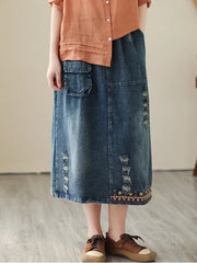 High Waist Denim Long Skirt Women Vintage Style Floral Embroidery