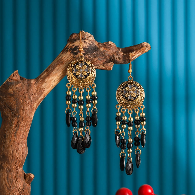 Bohemian Antique Gold Color Long Water Drop Tassel Earrings