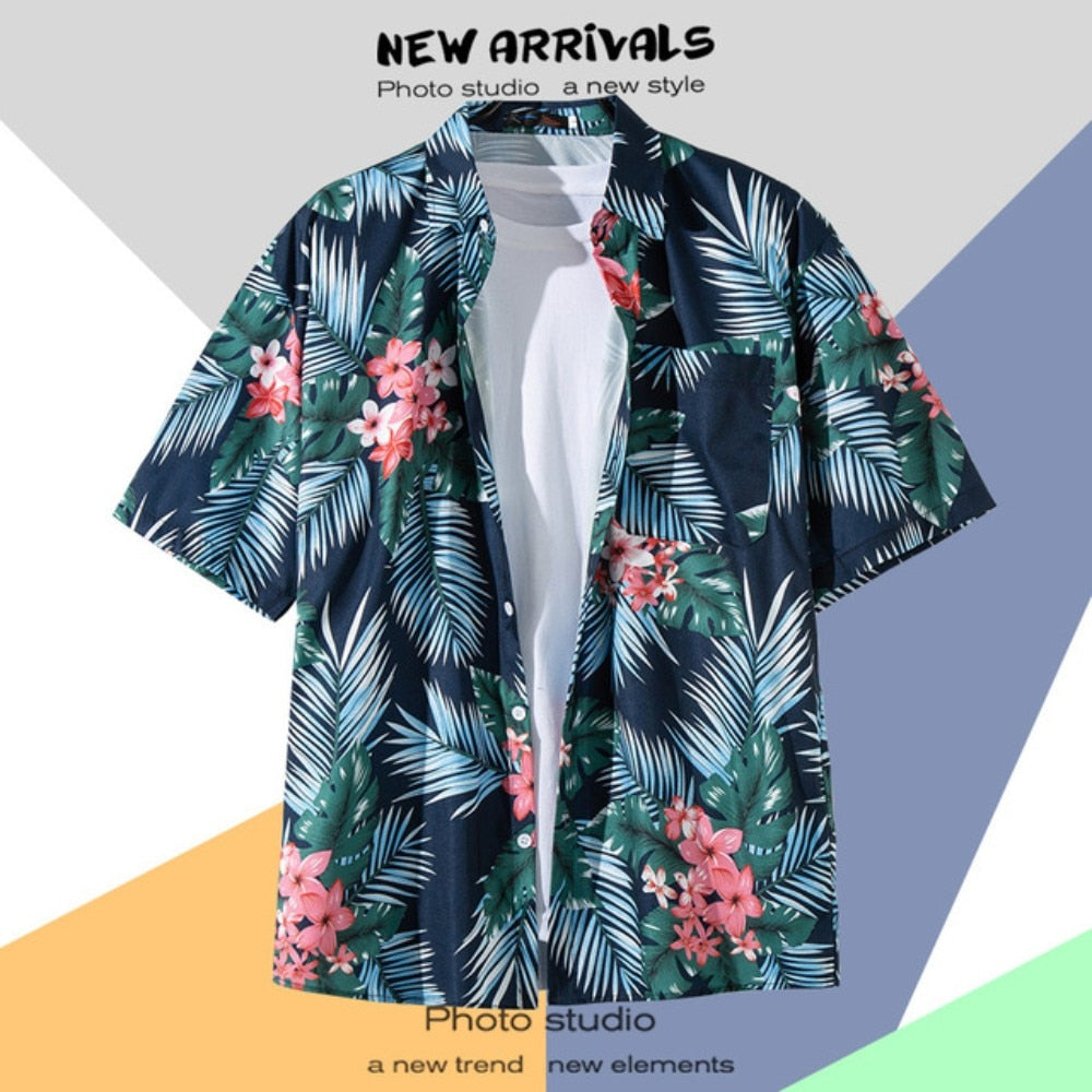 Hawaiian Men's Floral Shirt Summer Geometric Print Short Sleeved