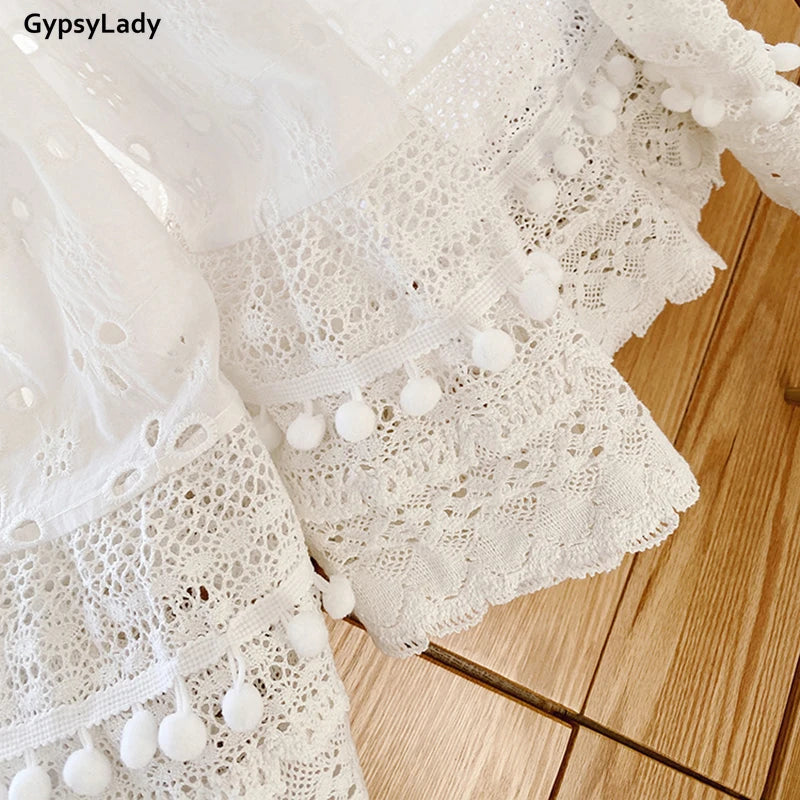 White Pleated Skirt Boho Casual Long Skirts Hollow Out Ruffles