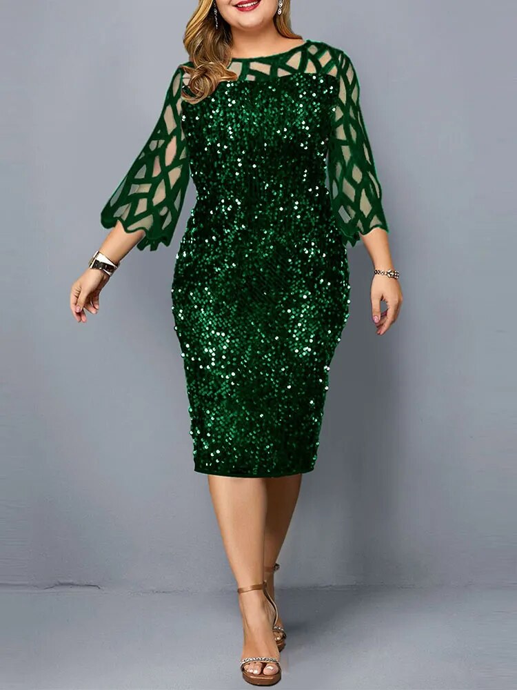 Plus Size Ladies Midi Sequin Mesh Long Sleeve Lace Elegant