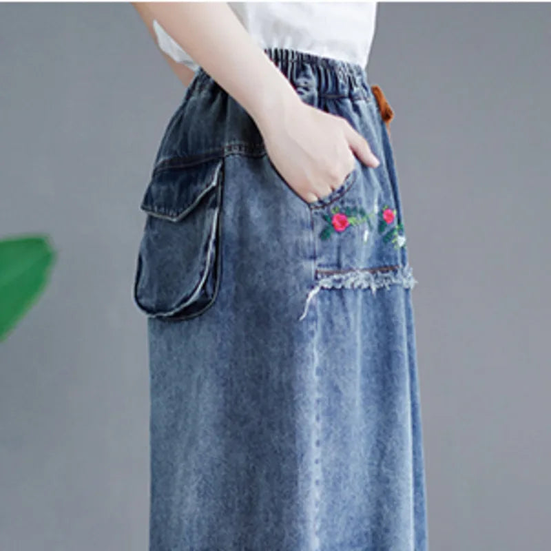 Denim Embroidery Floral Vintage A-line Skirt Pockets