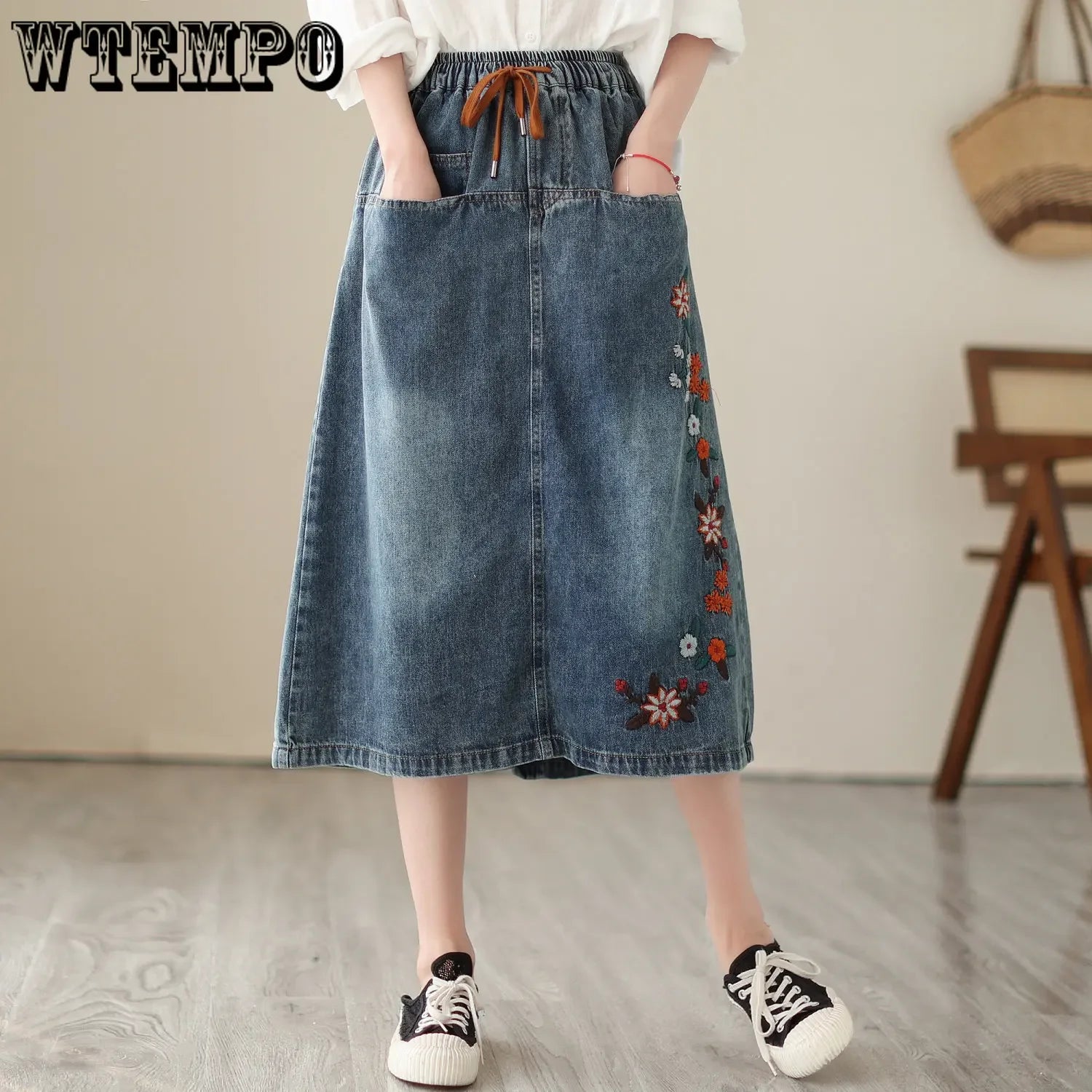 Retro Embroidered Denim Skirt Oversized High Waisted A-line