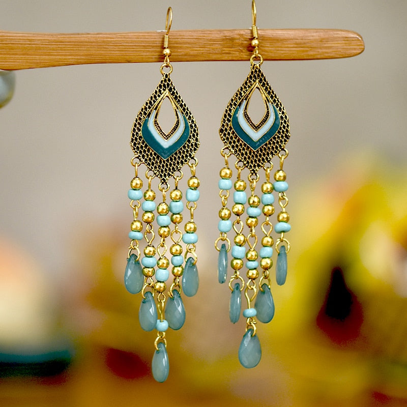 Bohemian Antique Gold Color Long Water Drop Tassel Earrings