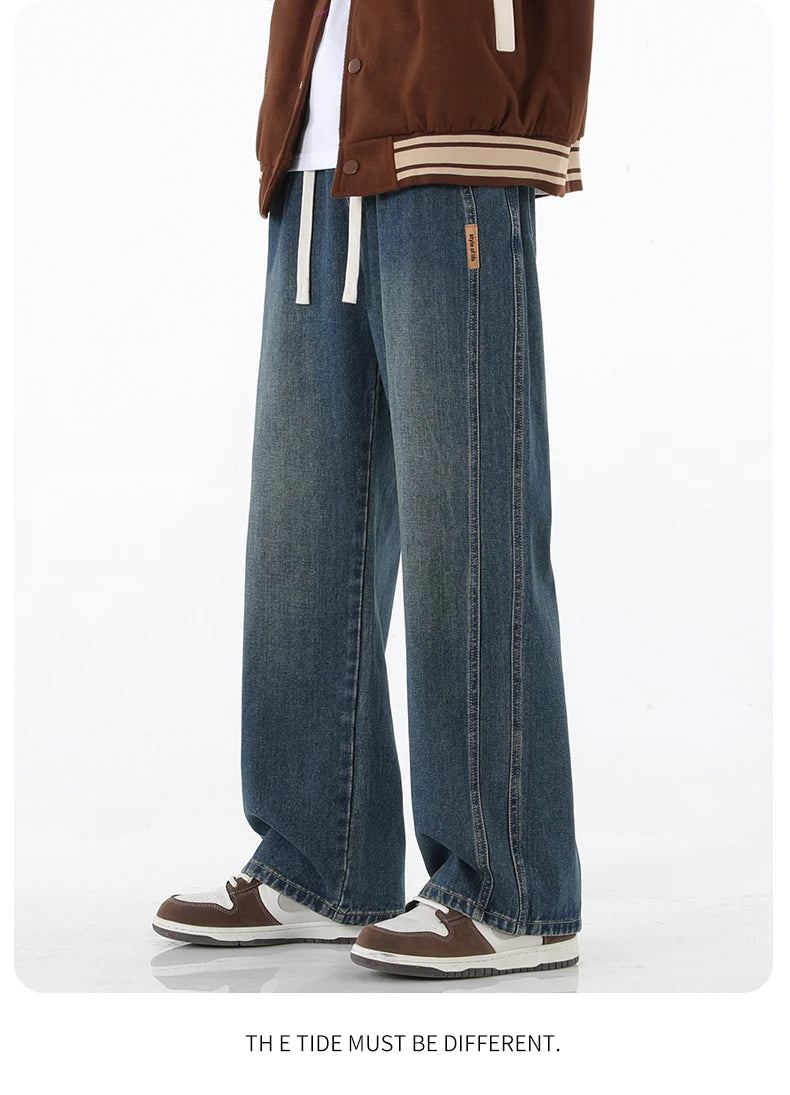 Baggy Men's Straight Leg Jeans Fashion Patchwork Wide Leg Retro