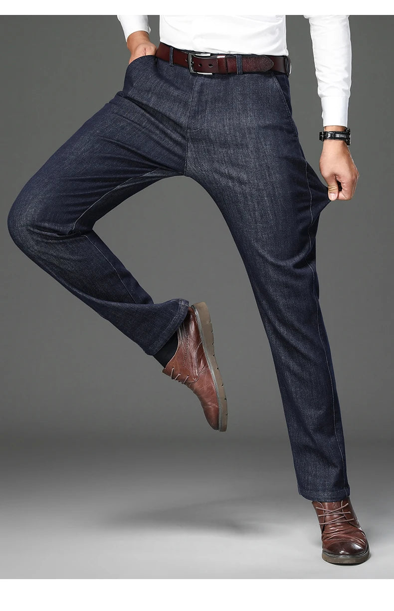 Men's Colorfast Straight Leg Thick Jeans Business Fashion Stretch Pants