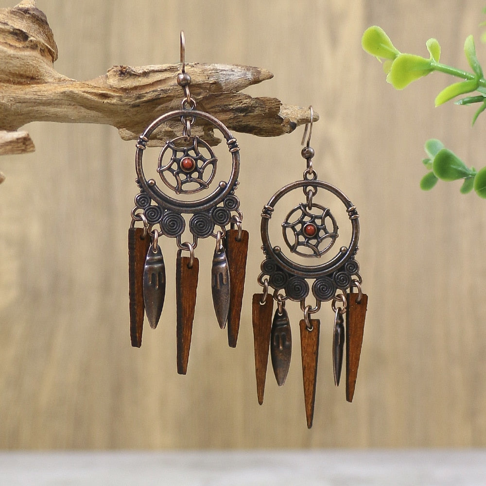 Bohemian Ethnic Brown Tassel Natural Wooden Hanging Earrings