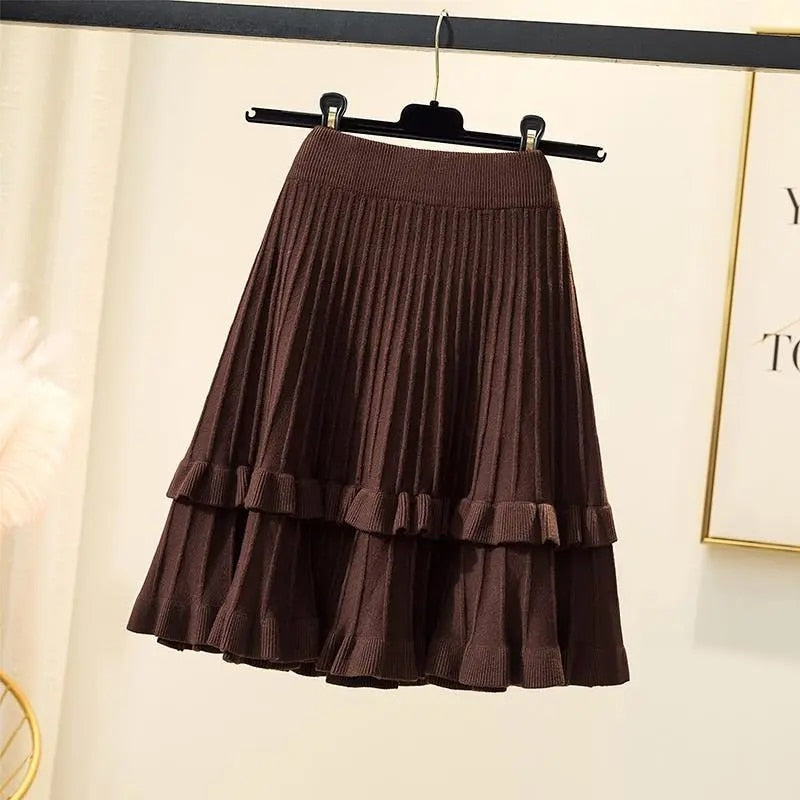 Knitted High Waist Pleated Skirt A-line Skirts Ruffled