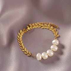 Leaf Shape Gold Chain Pearl Stainless steel Charm Bracelet