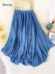 Women's Elegant Solid Color Long Skirt High Waist Pleated