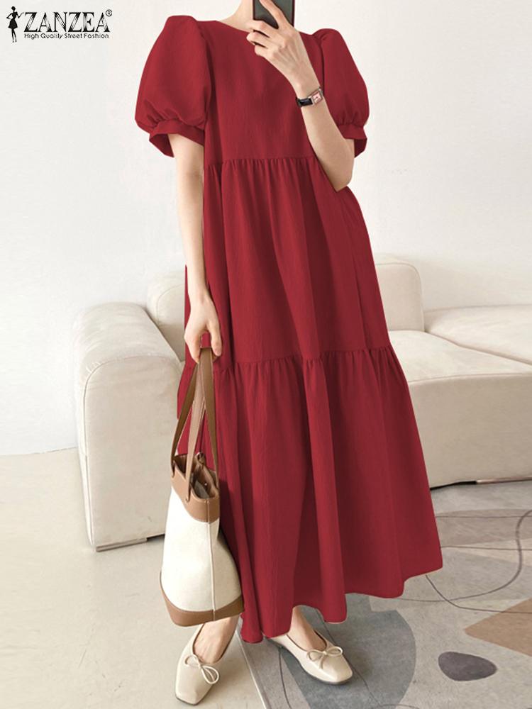 Woman Casual Tiered Dress Puff Short Sleeve Solid Color