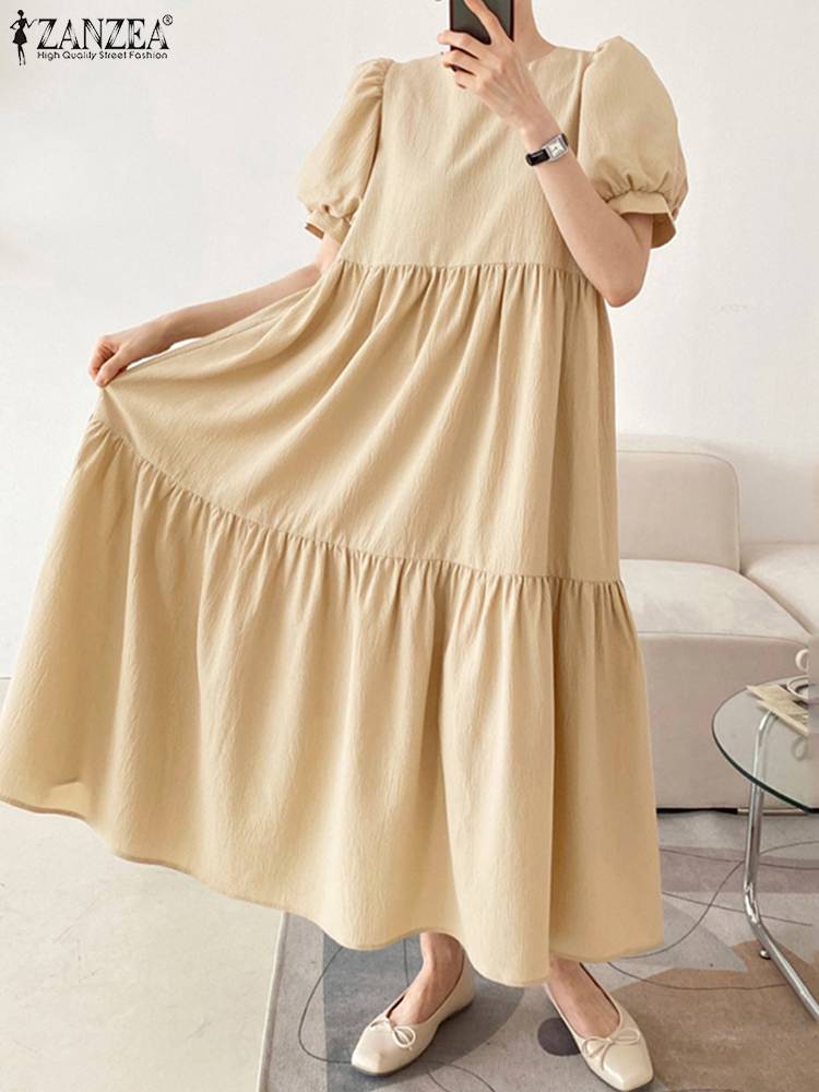 Woman Casual Tiered Dress Puff Short Sleeve Solid Color