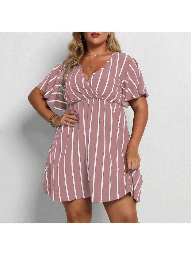 Striped V-neck short-sleeved dress casual bohemian