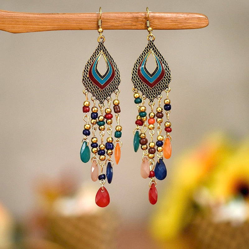 Bohemian Antique Gold Color Long Water Drop Tassel Earrings