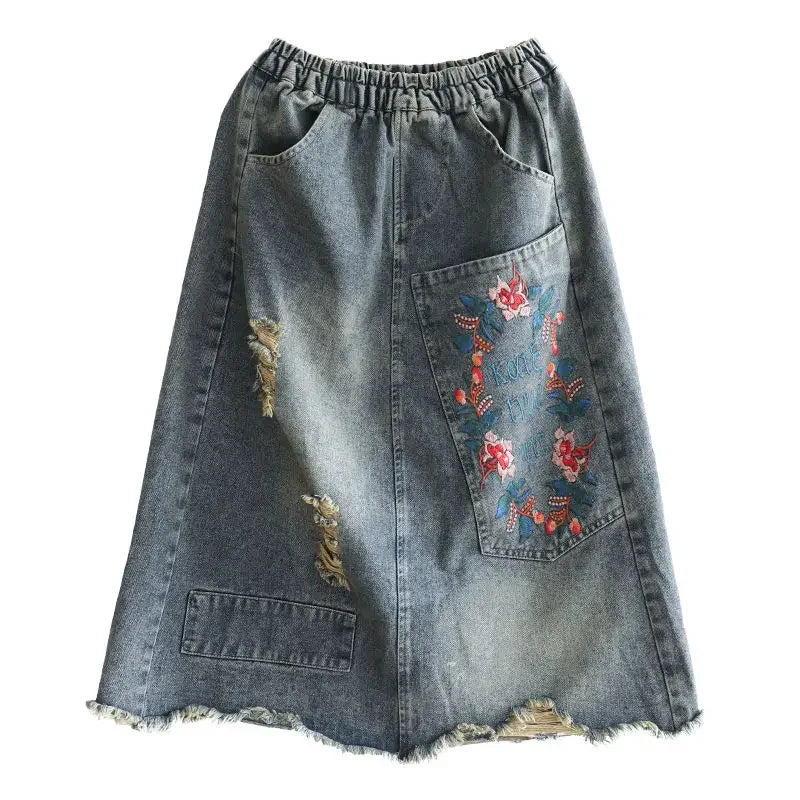 Embroidered Denim Skirt with Ripped Raw Edge A-line Mid-length