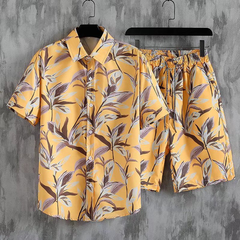 Men Sets Print Patchwork Lapel Short Sleeve Casual Shirt Beach