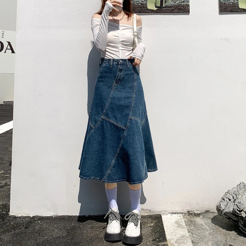 Vintage Women Denim Trumpet Skirt Streetwear Casual Irregular P