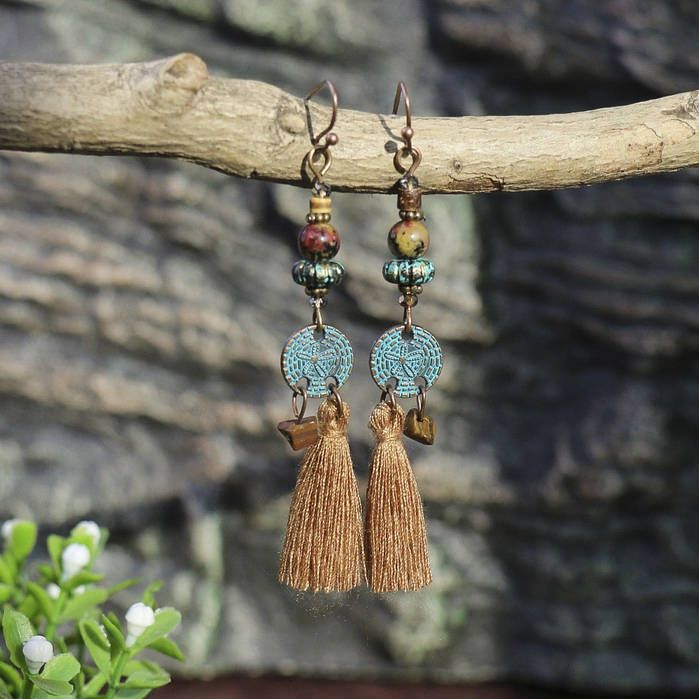 Bohemian Ethnic Brown Tassel Natural Wooden Hanging Earrings