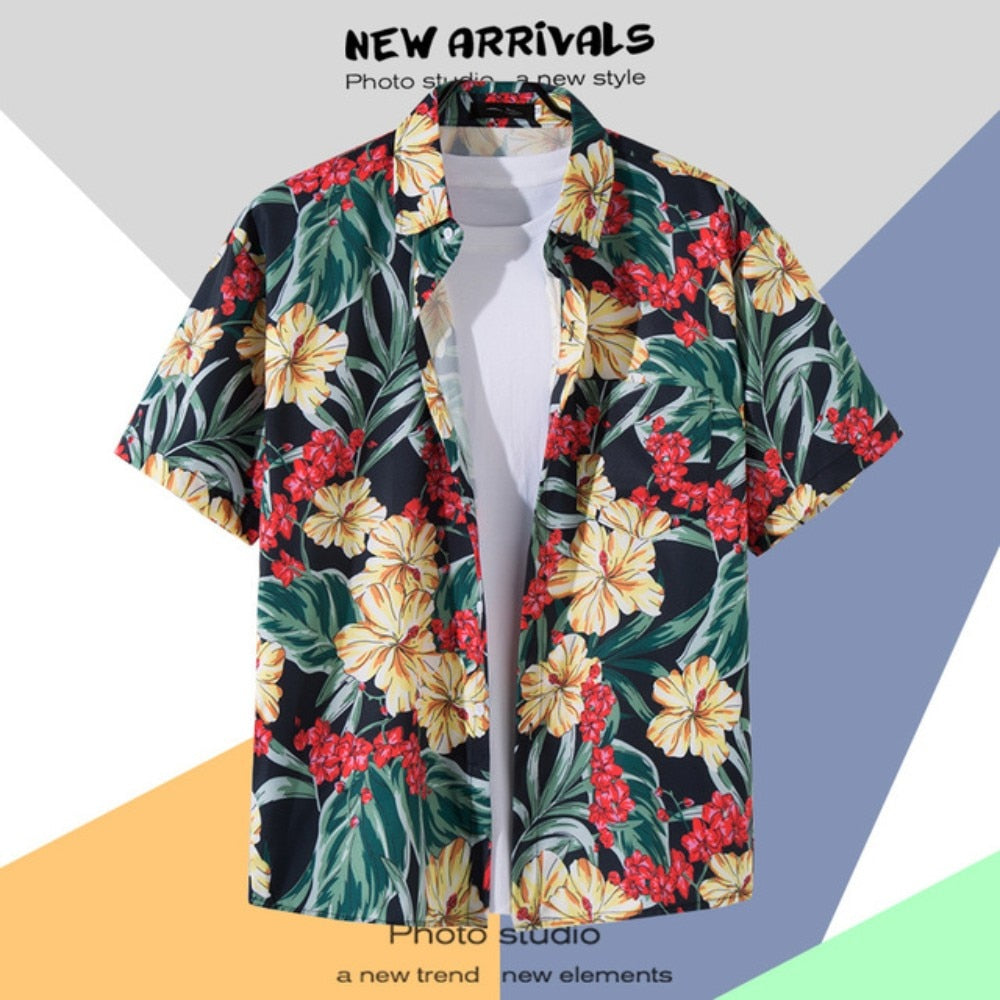 Hawaiian Men's Floral Shirt Summer Geometric Print Short Sleeved