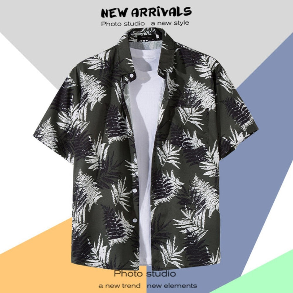 Hawaiian Men's Floral Shirt Summer Geometric Print Short Sleeved