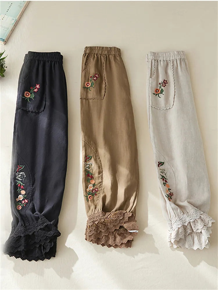 Women's Cotton Linen Pants Elastic Waist Floral Embroidery