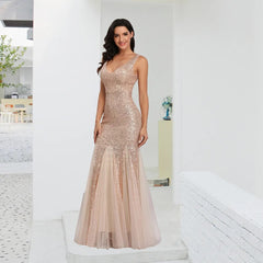 Double V-neck Cocktail Mermaid Sequin Evening Dress