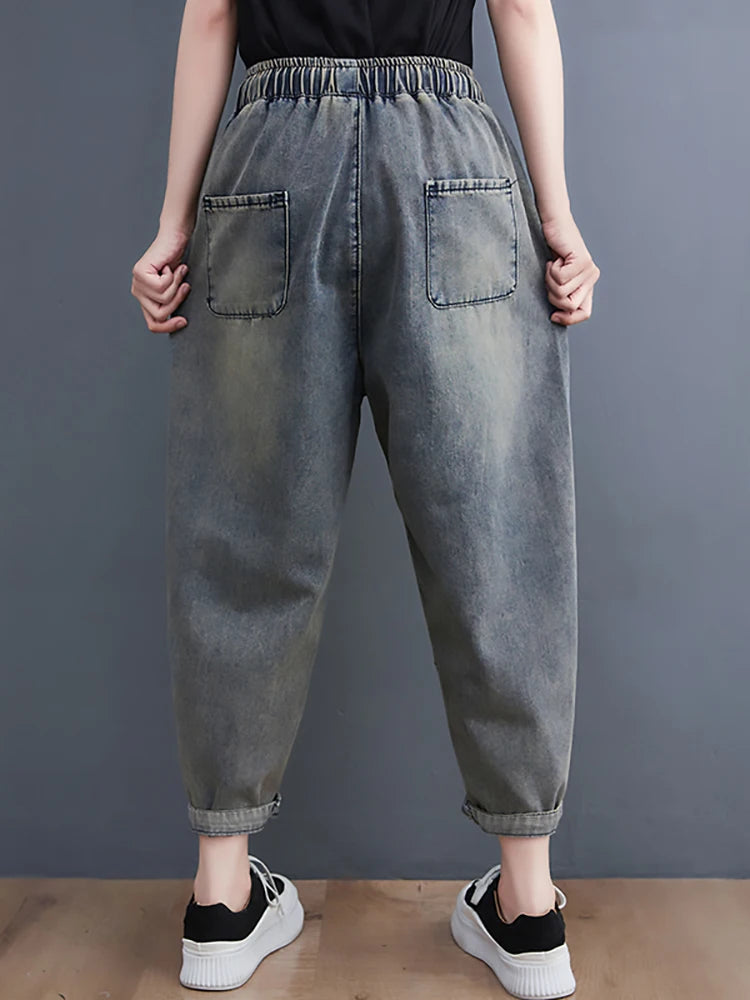 Vintage Jeans Female Elastic Waist Ripped Hole Harem Denim