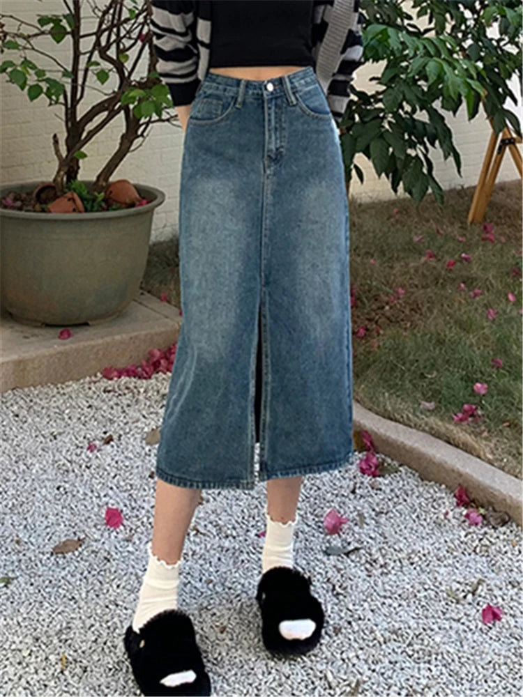 Front Split Women's Long Denim Skirt Vintage High Waist Jeans