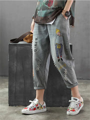 Fashion Style Vintage Hole Girl Embroidery Ankle-length Denim Jeans