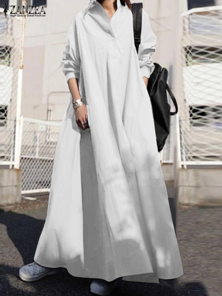 Solid Shirt Dress Long Sleeve Maxi Lapel Button Pockets