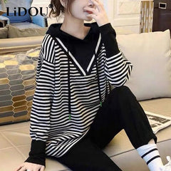 Style Vintage Striped Patchwork Hoodies Loose Casual