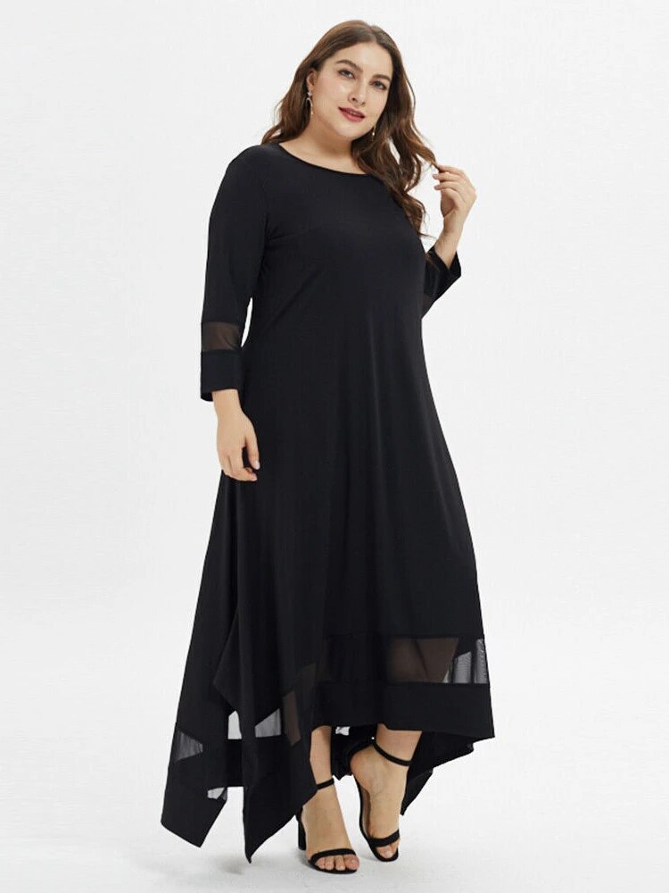 seven-point sleeve mesh crewneck plus size dresses