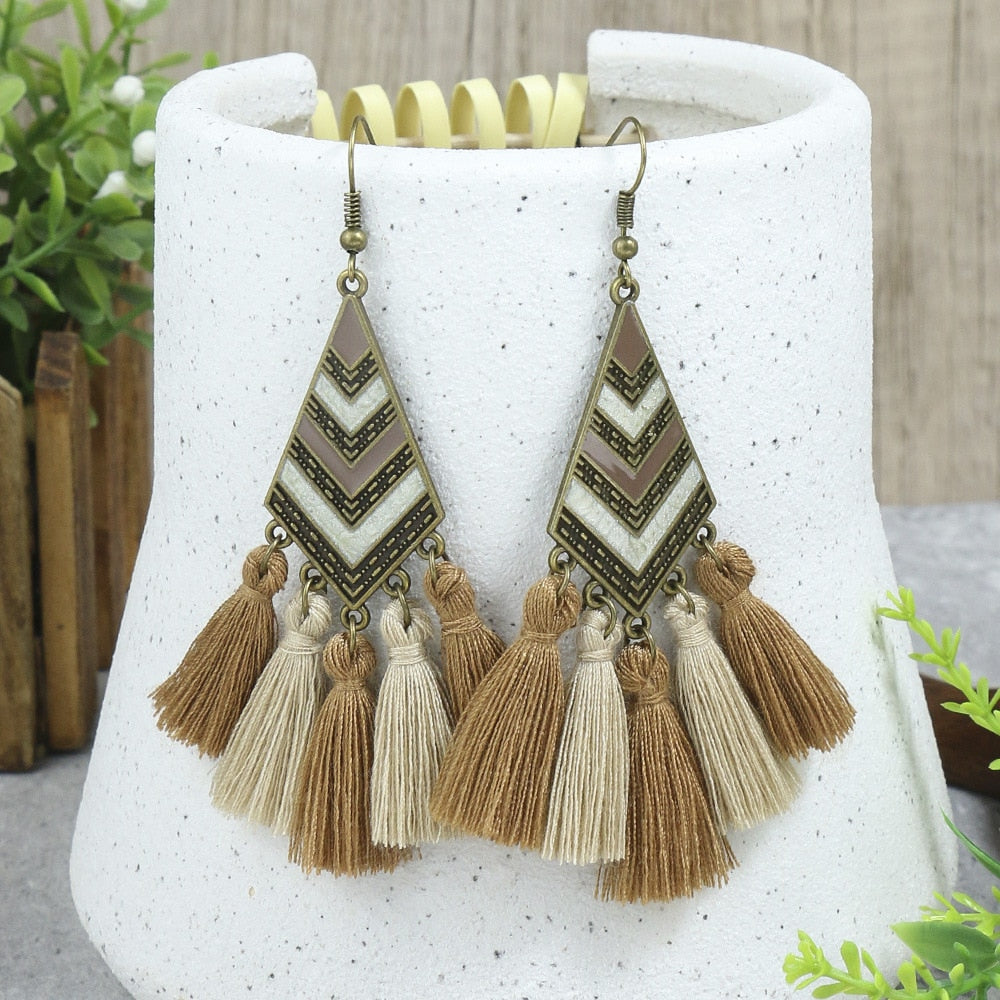 Bohemian Ethnic Brown Tassel Natural Wooden Hanging Earrings