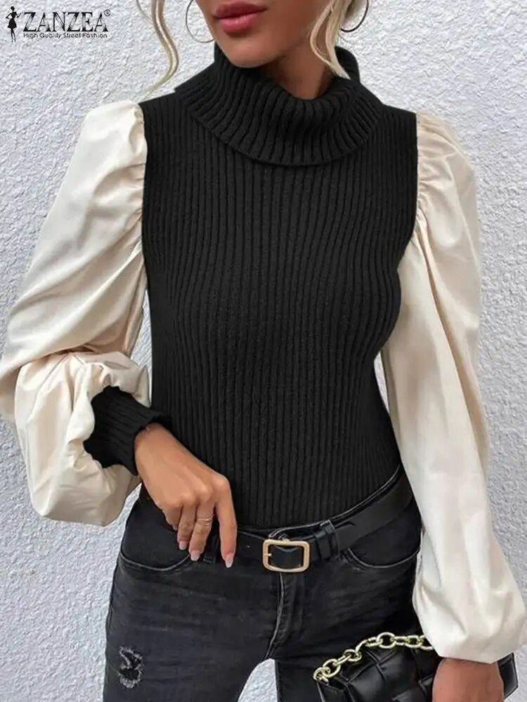 Turtleneck Knitted Sweaters Color Block Women Fashion Pullover Tops