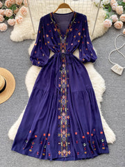 Bohemian Retro Ethnic Style Embroidery V-neck A-line Dress