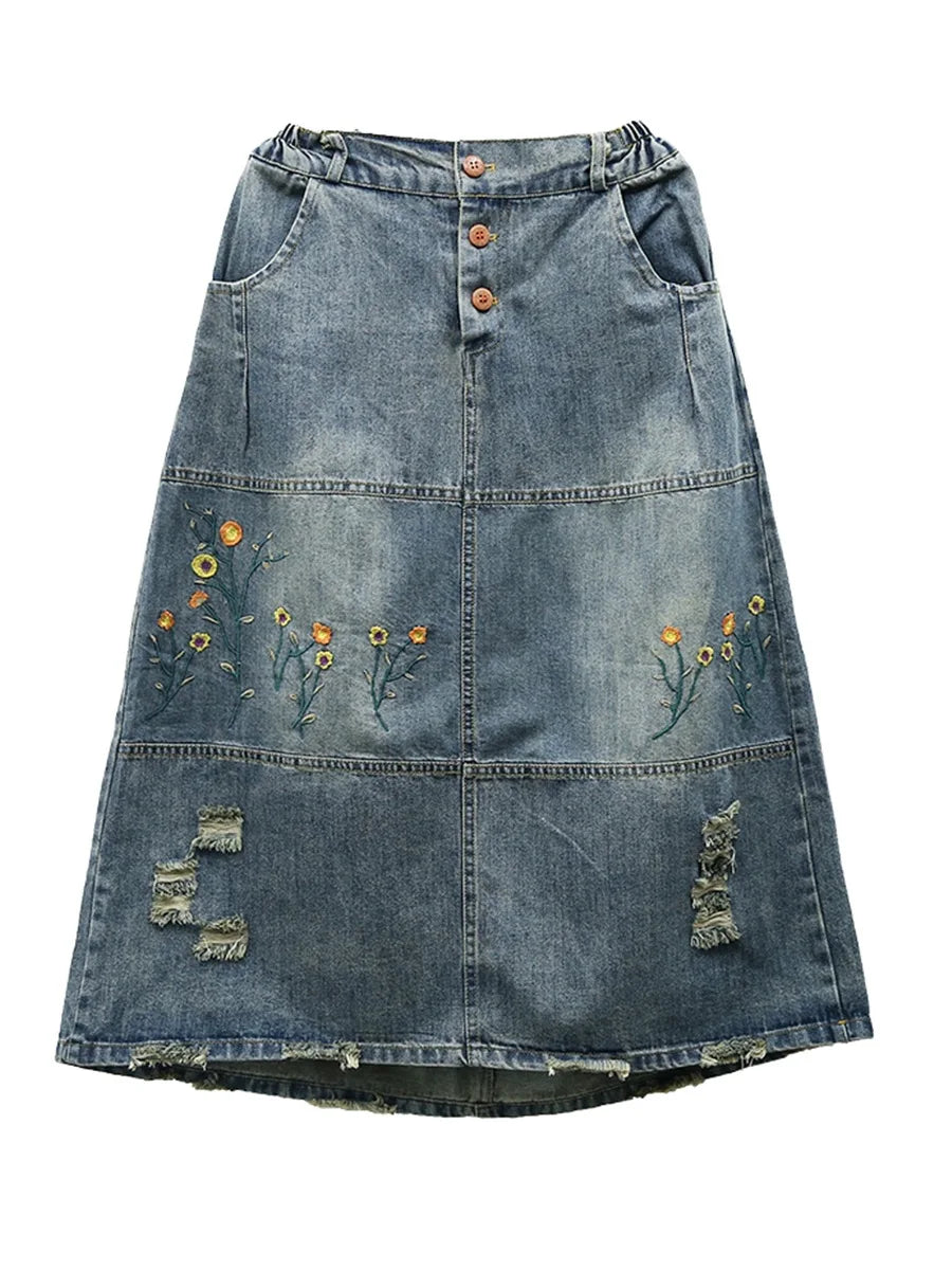 Denim Skirts Style Washed Hole Bleached Embroidery Floral